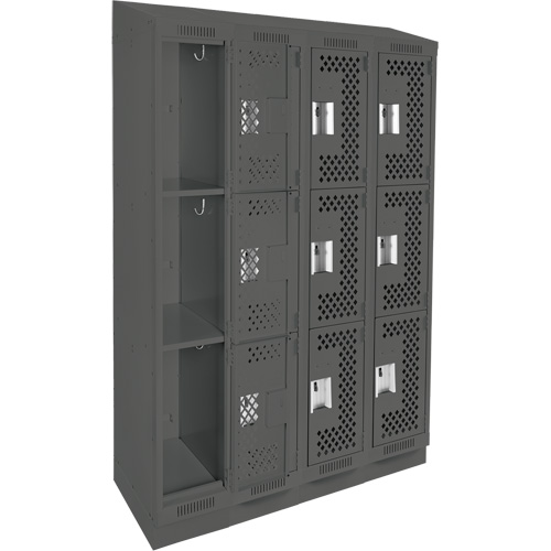 Clean Line Lockers, 3 -tier, Bank of 4, 48" x 18" x 82", Steel, Charcoal, Rivet (Assembled), Perforated Duraquip Inc
