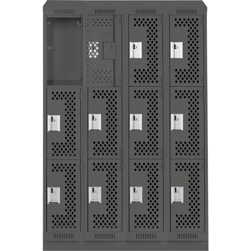 Clean Line Lockers, 3 -tier, Bank of 4, 48" x 18" x 82", Steel, Charcoal, Rivet (Assembled), Perforated Duraquip Inc