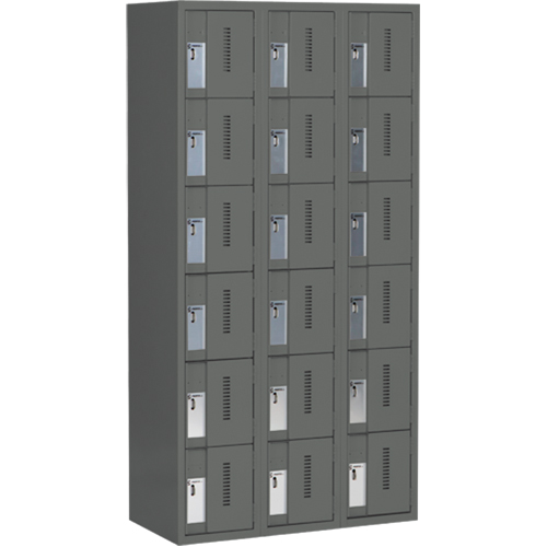 Concorde Heavy-Duty Lockers, 6 -tier, Bank of 3, 36" x 18" x 72", Steel, Charcoal, Welded (Assembled) Duraquip Inc