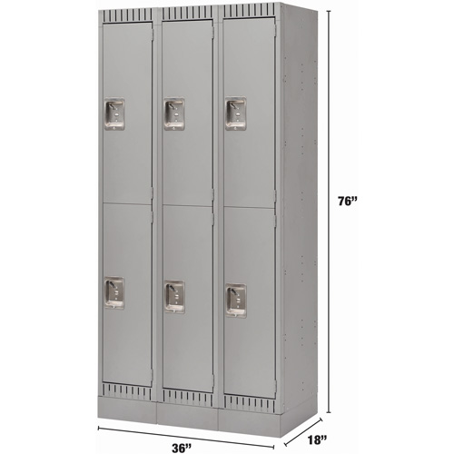 Lockers, 2 -tier, Bank of 3, 36" x 18" x 76", Steel, Grey, Knocked Down Duraquip Inc