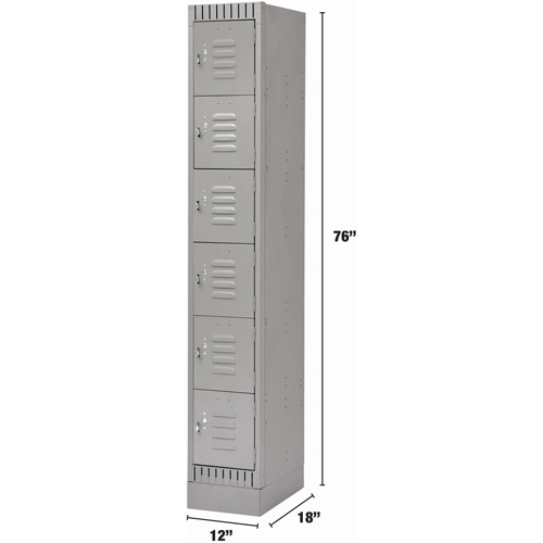 Lockers, 6 -tier, 12" x 18" x 76", Steel, Grey, Knocked Down Duraquip Inc