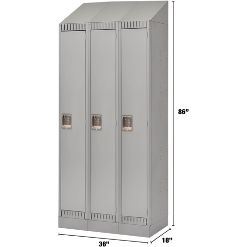 Lockers, Bank of 3, 36" x 18" x 86", Steel, Grey, Knocked Down Duraquip Inc