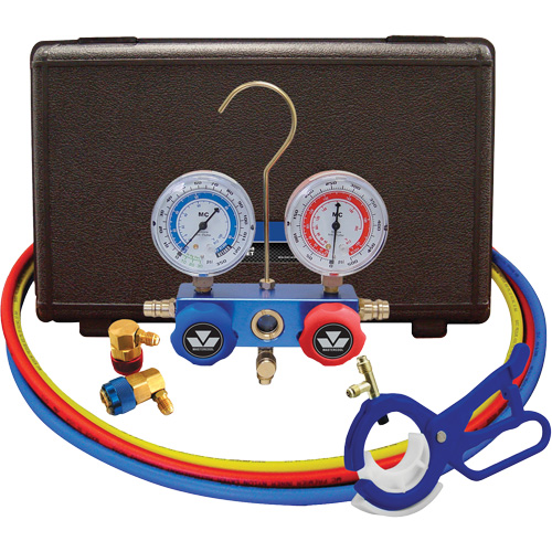 Automotive R134A 2-Way Manifold Gauge Set with 3-In-1 Side Mount Can Tap Valve Duraquip Inc