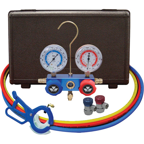 Automotive Manifold Gauge Set with Manual Couplers & 3-in-1 Side Mount Can Tap Valve Duraquip Inc