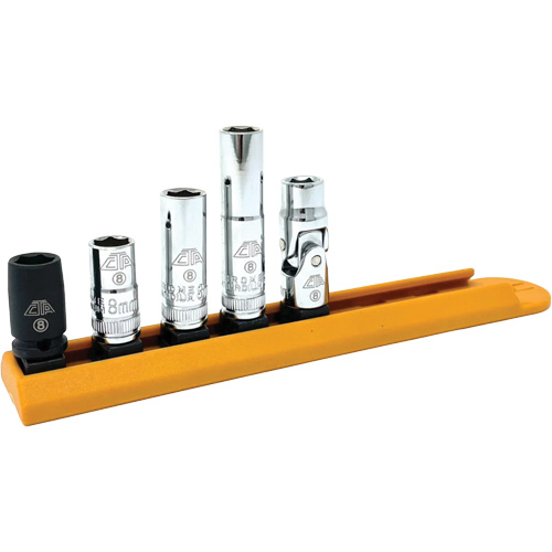 Jeu de douilles chrom&eacute;es avec rail, 5 Morceaux, Prise de 1/4" Duraquip Inc