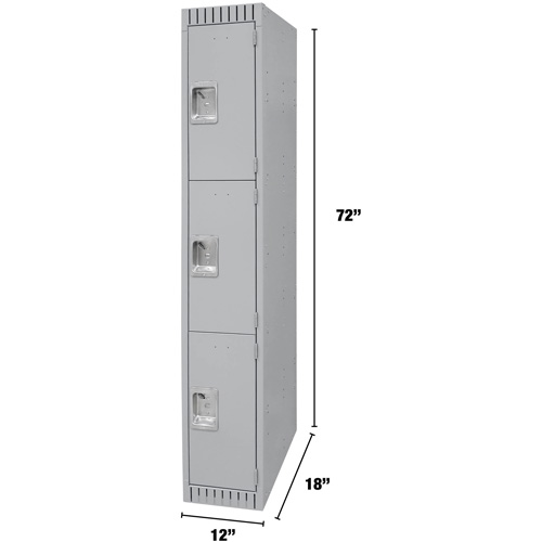 Lockers, 3 -tier, 12" x 18" x 72", Steel, Grey, Knocked Down Duraquip Inc