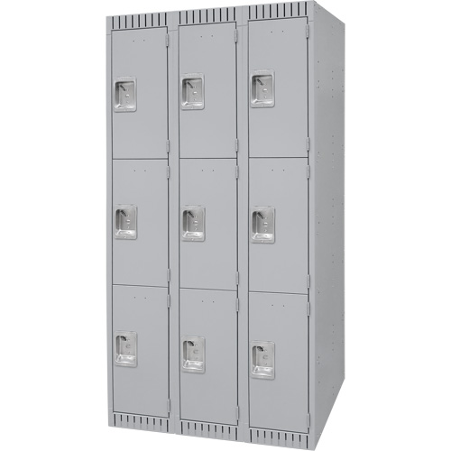 Lockers, 3 -tier, Bank of 3, 36" x 18" x 72", Steel, Grey, Knocked Down Duraquip Inc