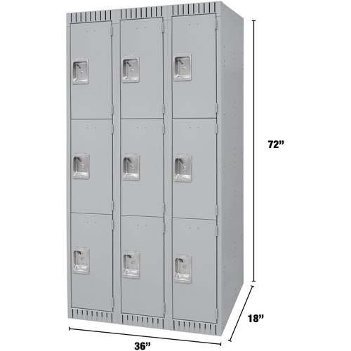 Lockers, 3 -tier, Bank of 3, 36" x 18" x 72", Steel, Grey, Knocked Down Duraquip Inc