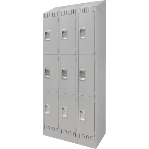 Lockers, 3 -tier, Bank of 3, 36" x 18" x 86", Steel, Grey, Knocked Down Duraquip Inc