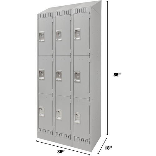 Lockers, 3 -tier, Bank of 3, 36" x 18" x 86", Steel, Grey, Knocked Down Duraquip Inc