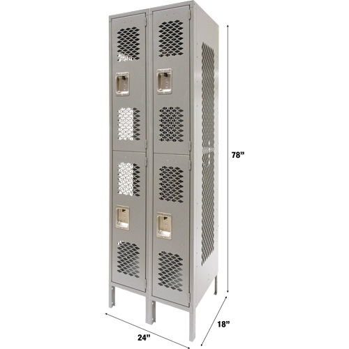 Casiers ventil&eacute;s, 2 niveaux, Bloc de 2, 24" x 18" x 78", Acier, Gris, D&eacute;mont&eacute;, Perfor&eacute; Duraquip Inc