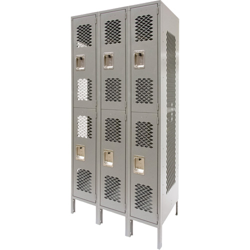 Casiers ventil&eacute;s, 2 niveaux, Bloc de 3, 36" x 18" x 78", Acier, Gris, D&eacute;mont&eacute;, Perfor&eacute; Duraquip Inc