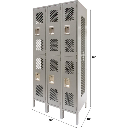 Casiers ventil&eacute;s, 2 niveaux, Bloc de 3, 36" x 18" x 78", Acier, Gris, D&eacute;mont&eacute;, Perfor&eacute; Duraquip Inc