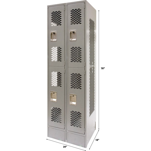 Vented Lockers, 2 -tier, Bank of 2, 24" x 18" x 78", Steel, Grey, Knocked Down, Perforated Duraquip Inc