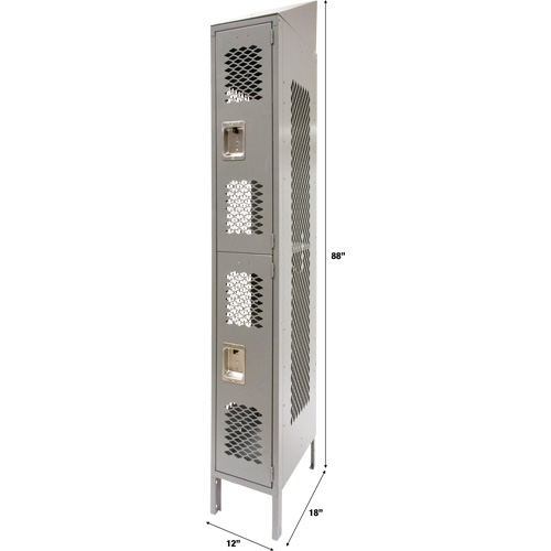 Vented Lockers, 2 -tier, 12" x 18" x 88", Steel, Grey, Knocked Down, Perforated Duraquip Inc