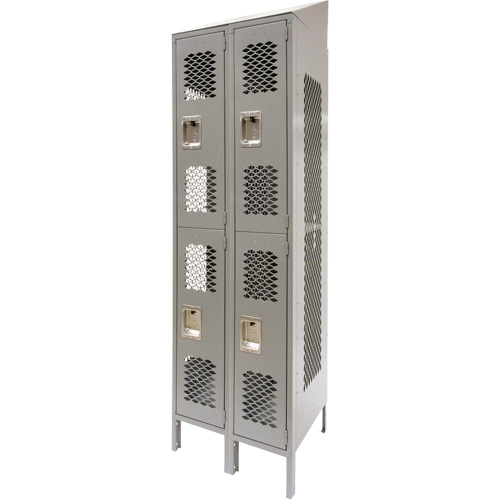 Vented Lockers, 2 -tier, Bank of 2, 24" x 18" x 88", Steel, Grey, Knocked Down, Perforated Duraquip Inc