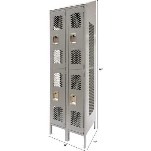 Vented Lockers, 2 -tier, Bank of 2, 24" x 18" x 88", Steel, Grey, Knocked Down, Perforated Duraquip Inc