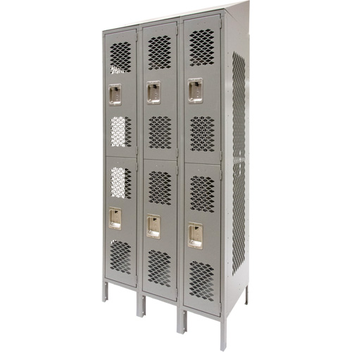 Vented Lockers, 2 -tier, Bank of 3, 36" x 18" x 88", Steel, Grey, Knocked Down, Perforated Duraquip Inc