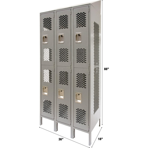 Vented Lockers, 2 -tier, Bank of 3, 36" x 18" x 88", Steel, Grey, Knocked Down, Perforated Duraquip Inc