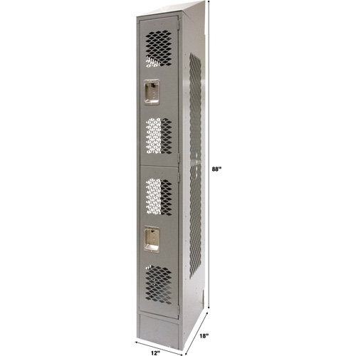 Vented Lockers, 2 -tier, 12" x 18" x 88", Steel, Grey, Knocked Down, Perforated Duraquip Inc