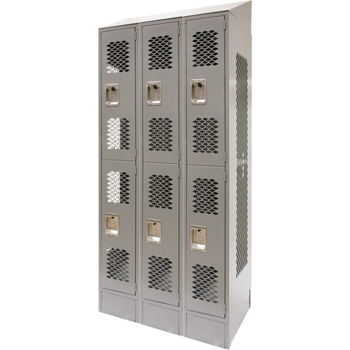 Vented Lockers, 2 -tier, Bank of 3, 36 x 18" x 88", Steel, Grey, Knocked Down, Perforated Duraquip Inc