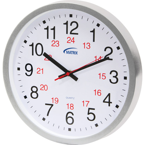 12/24 H Clock, Analog, Battery Operated, 12", Silver Duraquip Inc