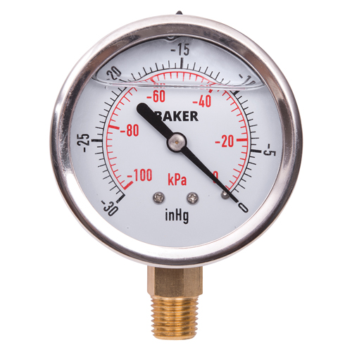 Pressure Gauges, 2-1/2" , 30" Hg-0" Vac., Bottom Mount, Liquid Filled Analogue Duraquip Inc