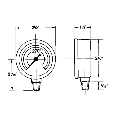 Pressure Gauges, 2-1/2" , 30" Hg-0" Vac., Bottom Mount, Liquid Filled Analogue Duraquip Inc