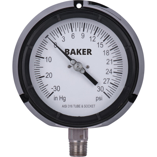 Pressure Gauge, 4-1/2" , 30"-0-30 psi, Bottom Mount, Liquid Filled Analogue Duraquip Inc