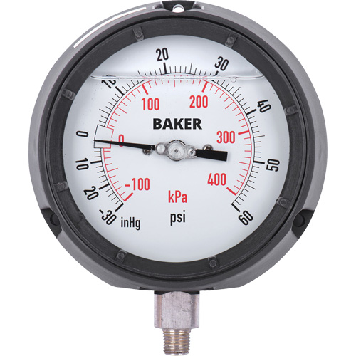 Pressure Gauge, 4-1/2" , 30"-0-60 psi, Bottom Mount, Liquid Filled Analogue Duraquip Inc