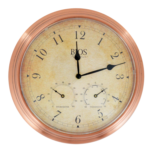 3-in-1 Outdoor Clock, Analog, Battery Operated, 14" Dia., Brown Duraquip Inc