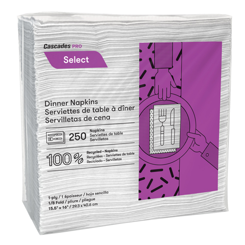 Serviettes de table &agrave; pli 1/8 Pro Select, 1 pli, 15,5" x 16" Duraquip Inc