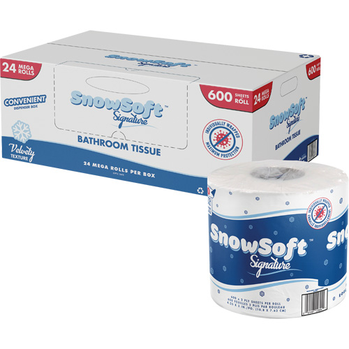 Papier hygi&eacute;nique de premi&egrave;re qualit&eacute; Snow Soft, 2 Pli, 600 Feuilles/Rouleu, Longueur 145', Blanc Duraquip Inc