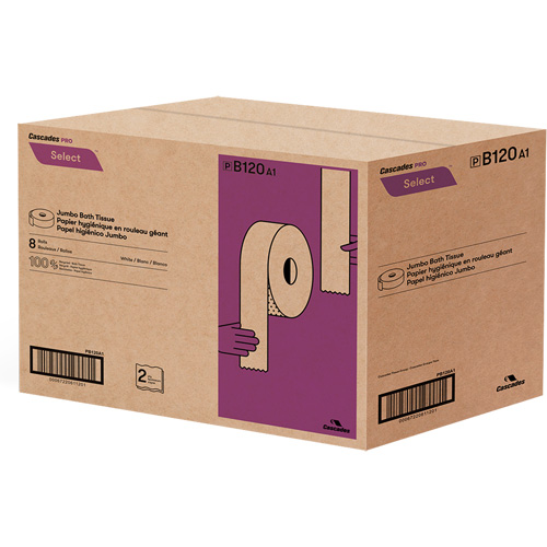 Pro Select&reg; Toilet Paper, Jumbo Roll, 2 Ply, 900' Length, White Duraquip Inc