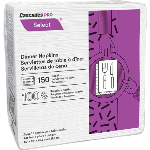 Serviettes de table &agrave; plis 1/8 Pro Select, 2 pli, 15" x 16" Duraquip Inc