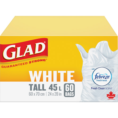 Sacs &agrave; ordures hauts 45 L avec Febreze, R&eacute;gulier, 24" la x 28" lo, Blanc Duraquip Inc