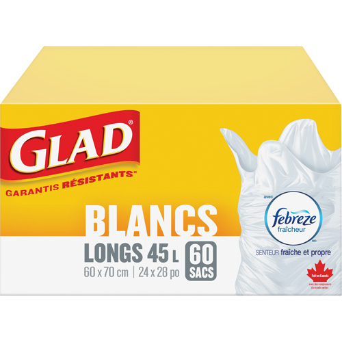 Sacs &agrave; ordures hauts 45 L avec Febreze, R&eacute;gulier, 24" la x 28" lo, Blanc Duraquip Inc