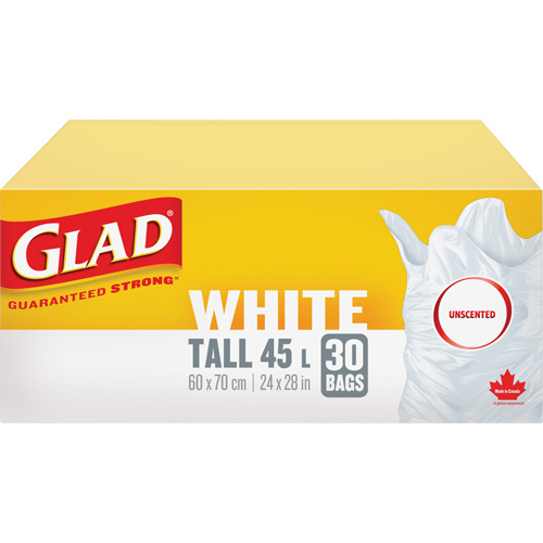 Tall 45L Unscented Garbage Bags, Regular, 24" W x 28" L, White Duraquip Inc
