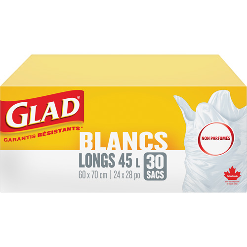 Tall 45L Unscented Garbage Bags, Regular, 24" W x 28" L, White Duraquip Inc