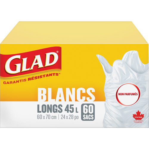 Tall 45L Unscented Garbage Bags, Regular, 24" W x 28" L, White Duraquip Inc
