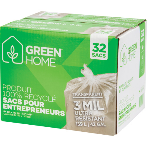 Sacs &agrave; ordures Green Home, Fort, 33" la x 48" lo, 3 mils, Transparent, Capacit&eacute; 159 L (42 gal.) Duraquip Inc