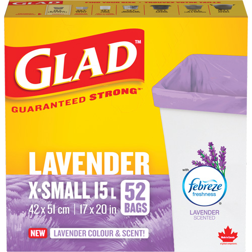 Sacs parfum&eacute;s et de couleur lavande de Glad, Fort, 17" la x 20" lo, Mauve, Capacit&eacute; 15 L (3,96 gal) Duraquip Inc