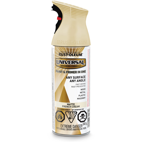 Peinture-&eacute;mail et couche de fond Universal, Blanc cr&egrave;me française, Mat, Canette a&eacute;rosol Duraquip Inc