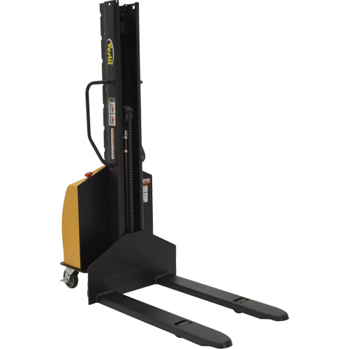 Narrow Mast Powered Lift Stacker, Electric Operated, 1000 lbs. Capacity, 63" Max Lift Duraquip Inc