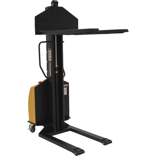 Narrow Mast Powered Lift Stacker, Electric Operated, 1000 lbs. Capacity, 63" Max Lift Duraquip Inc