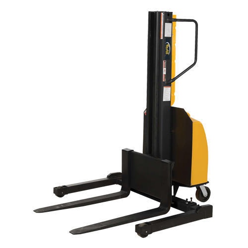 Narrow Mast Powered Lift Stacker, Electric Operated, 1500 lbs. Capacity, 98" Max Lift Duraquip Inc