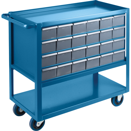 Drawer Shelf Cart, 1200 lbs. Capacity, Steel, 18" x W, 35" x H, 36" D, Rubber Wheels, All-Welded, 24 Drawers Duraquip Inc
