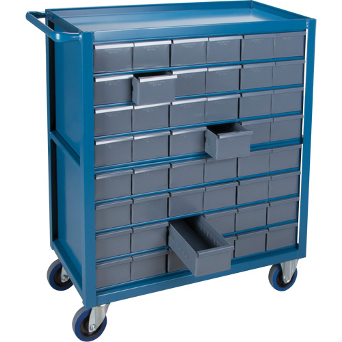 Drawer Shelf Cart, 1200 lbs. Capacity, Steel, 18" x W, 35" x H, 36" D, Rubber Wheels, All-Welded, 48 Drawers Duraquip Inc