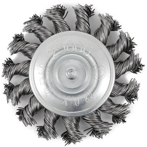 Shaft Mounted Knot Twisted Radial Brush, 3" Dia., 0.02" Fill, 1/4" Arbor, Stainless Steel Duraquip Inc