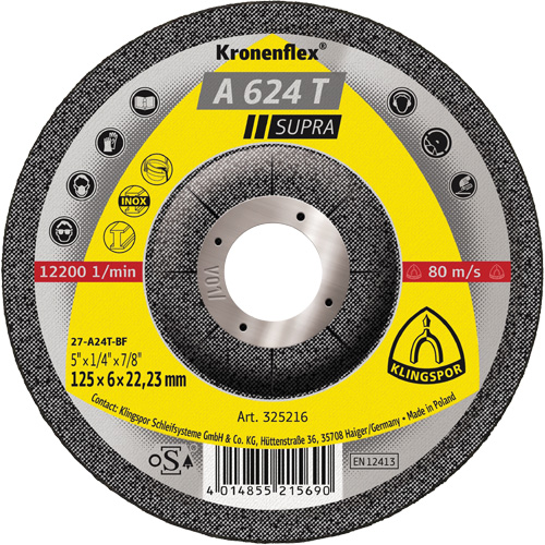 A 624 T Supra Kronenflex&reg; Grinding Disc, 5" x 1/4", 7/8" Arbor Duraquip Inc